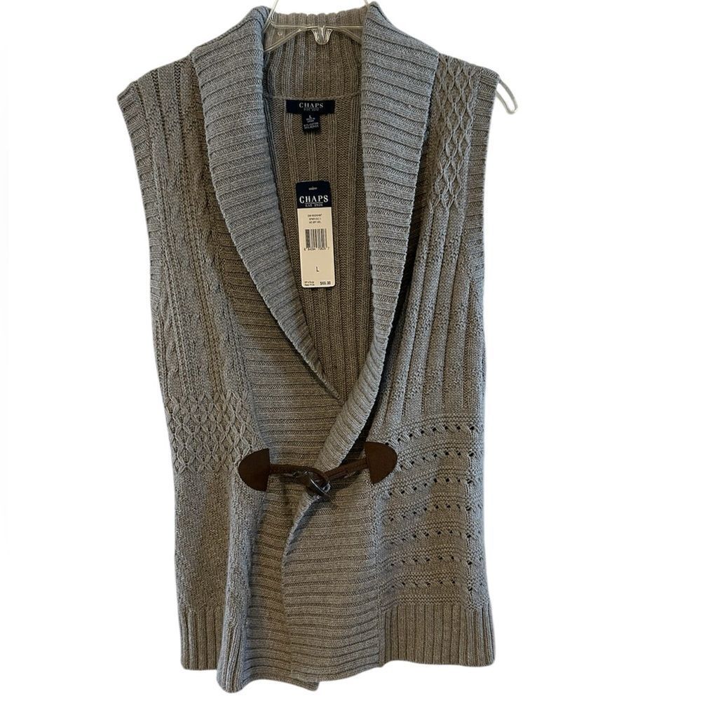 Chaps Gray Cable Knit Belted Sweater Vest Toggle L NWT